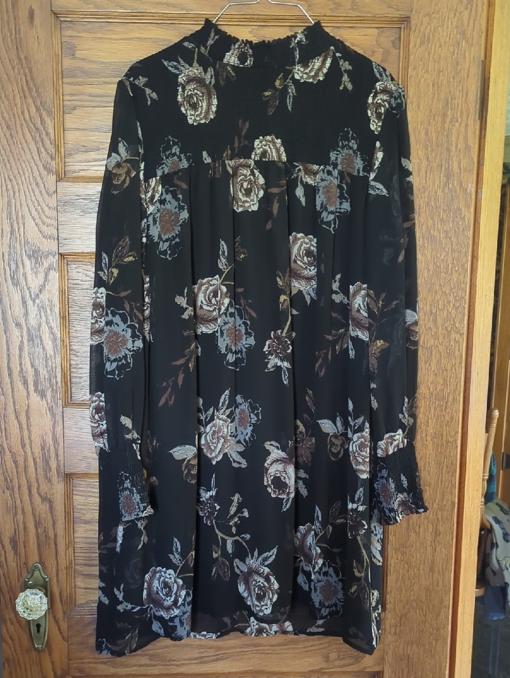 Ophelia Roe Black And Brown Floral Women’s High Neck Dress Elegant Rose Pattern